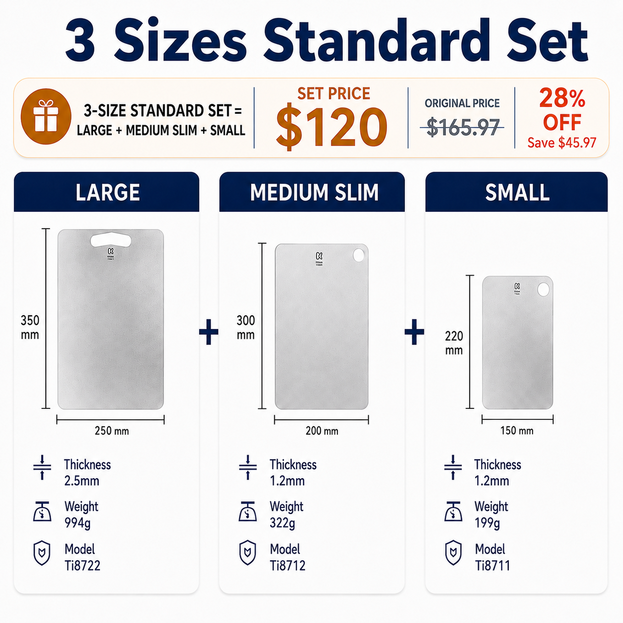 Keith Titanium 3-Size Standard Set with Large, Medium Slim, and Small pure titanium cutting boards