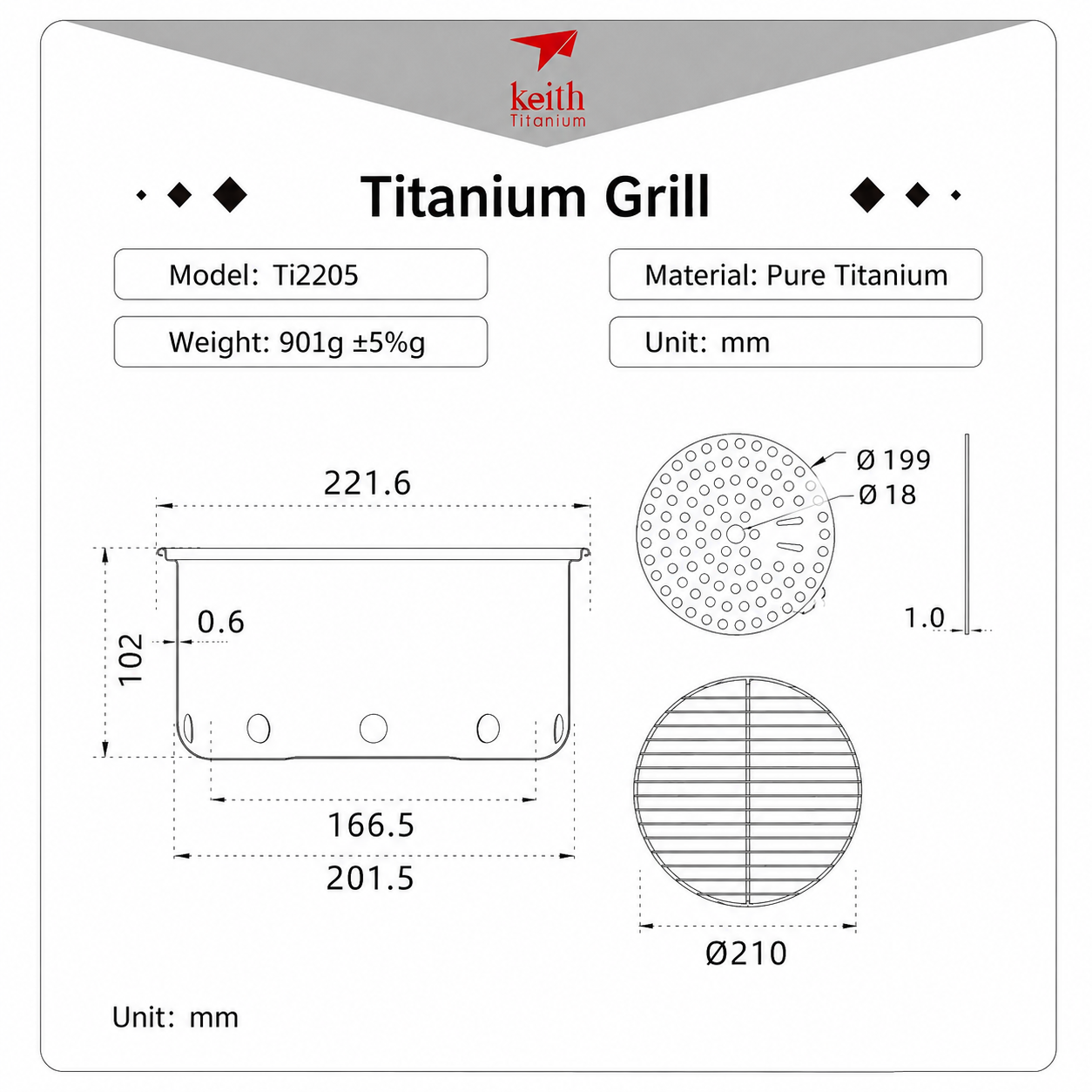 Keith Titanium Ti2205 portable titanium grill size chart with fire bowl and grate dimensions