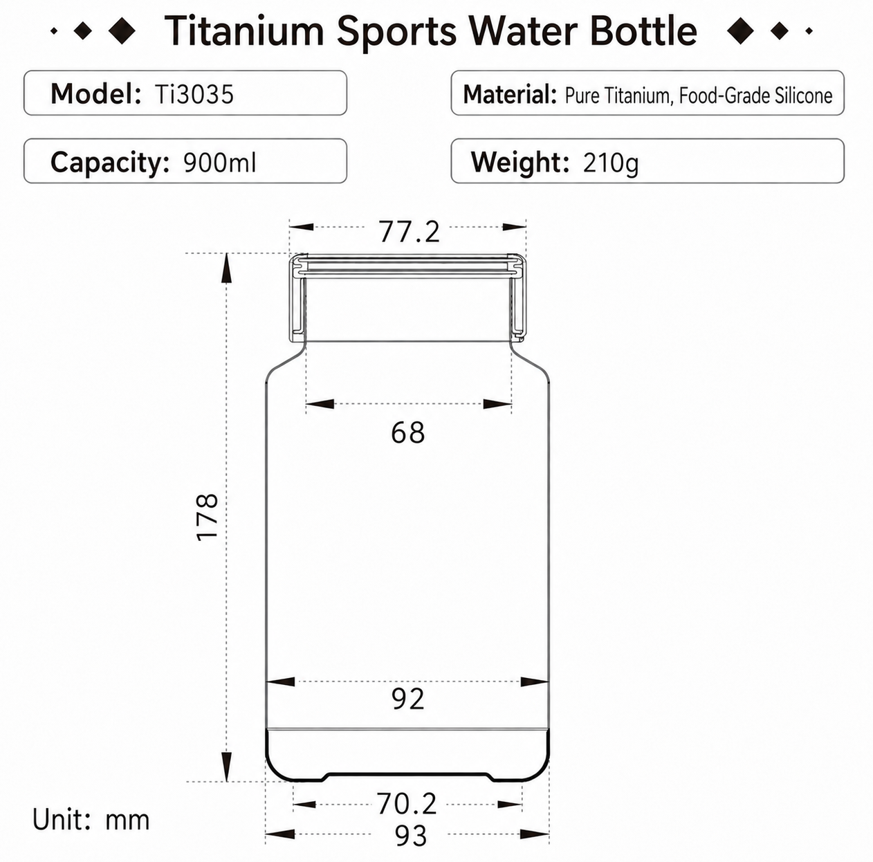 Keith Titanium Ti3035 900ml bayonet-cap bottle specification diagram with dimensions, 210g weight, and titanium body