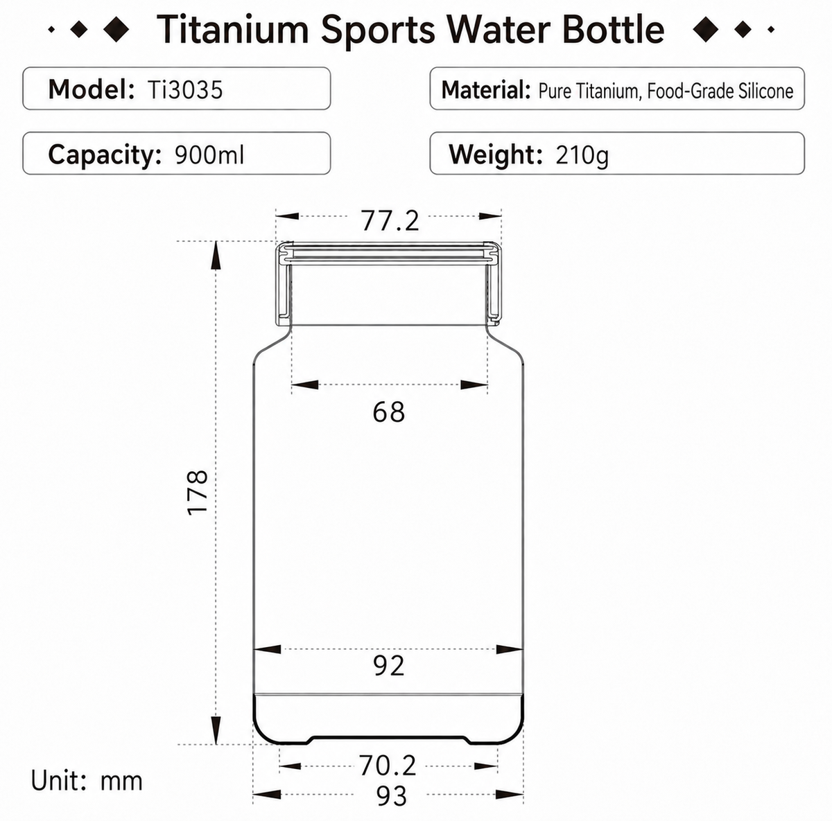 Keith Titanium Ti3035 900ml bayonet-cap bottle specification diagram with dimensions, 210g weight, and titanium body