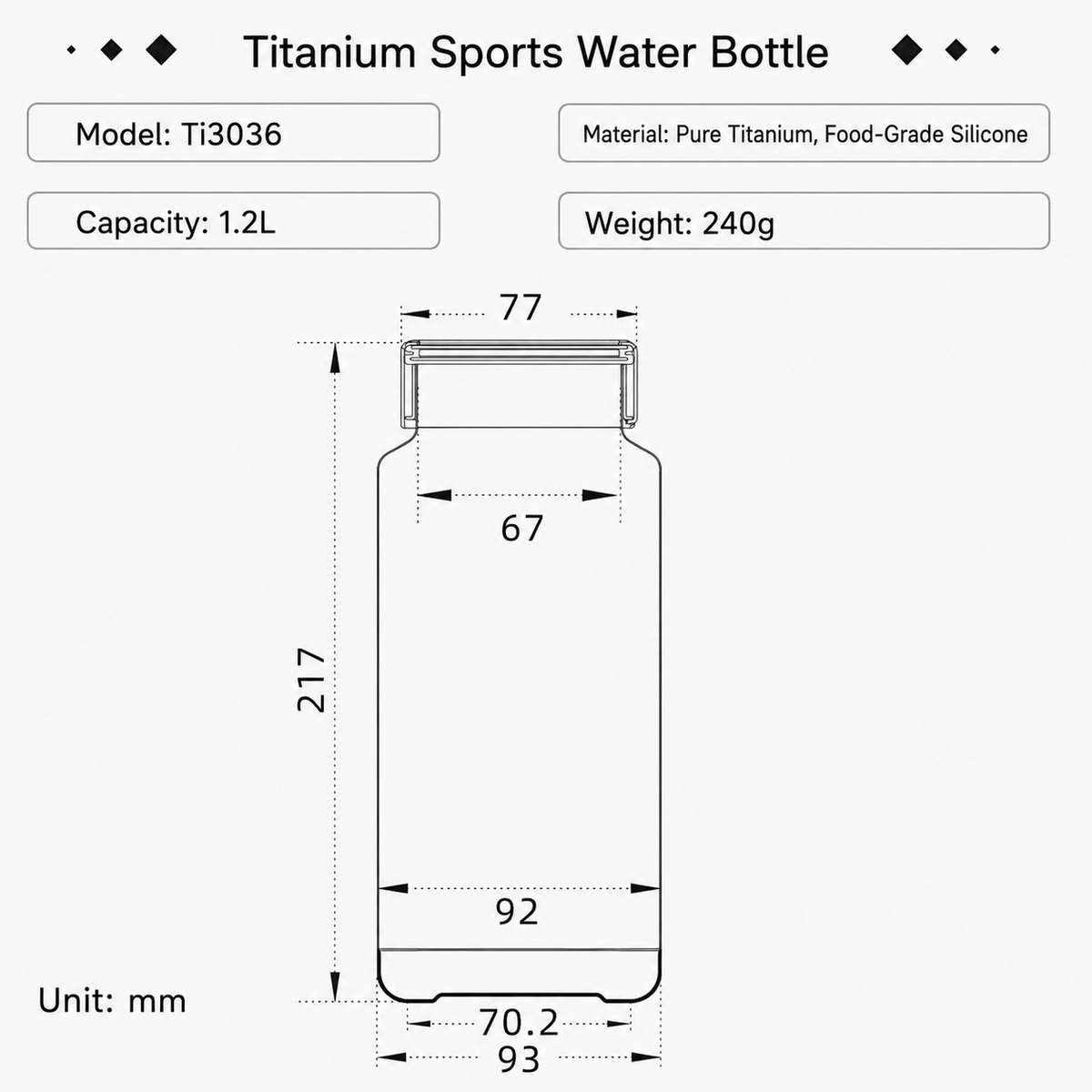 Keith Titanium Ti3036 1.2L bayonet-cap bottle specification diagram with dimensions, 240g weight, and titanium body
