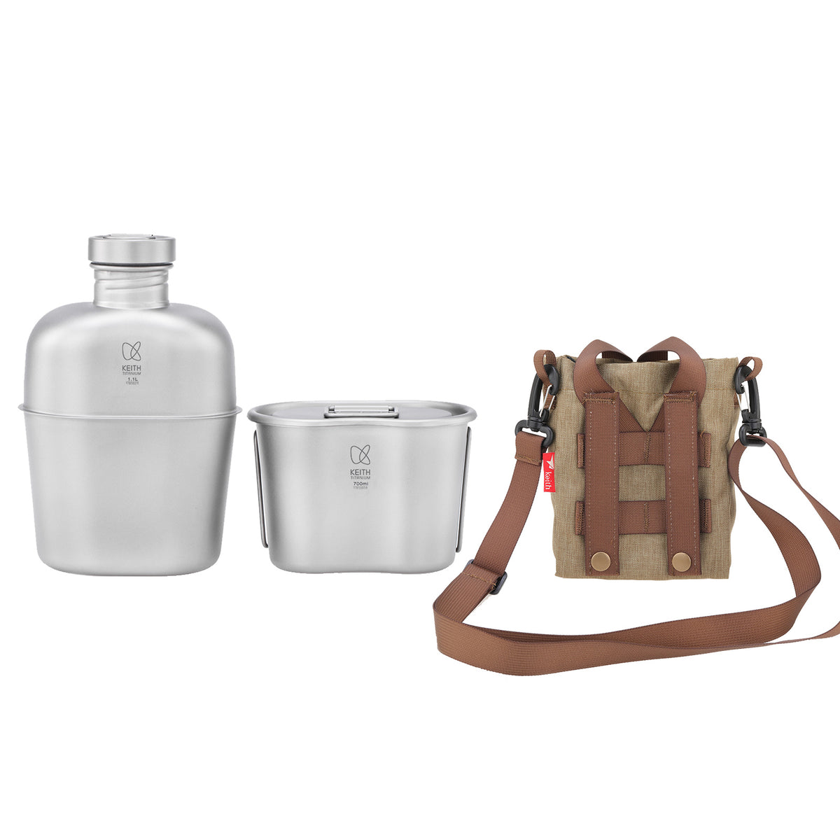 KEITH Titanium Ti3060 canteen mess kit with 1100ml bottle, 700ml cup and khaki carry pouch on white