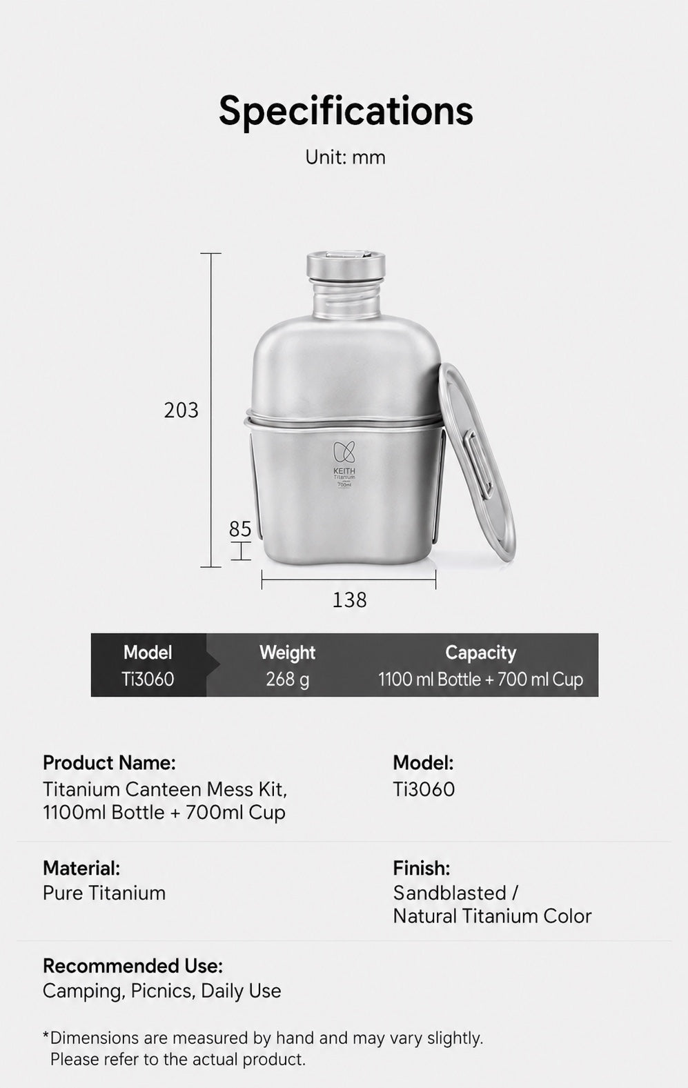 KEITH Titanium Ti3060 specs diagram: 1100ml bottle, 700ml cup, 203mm height and 138mm width