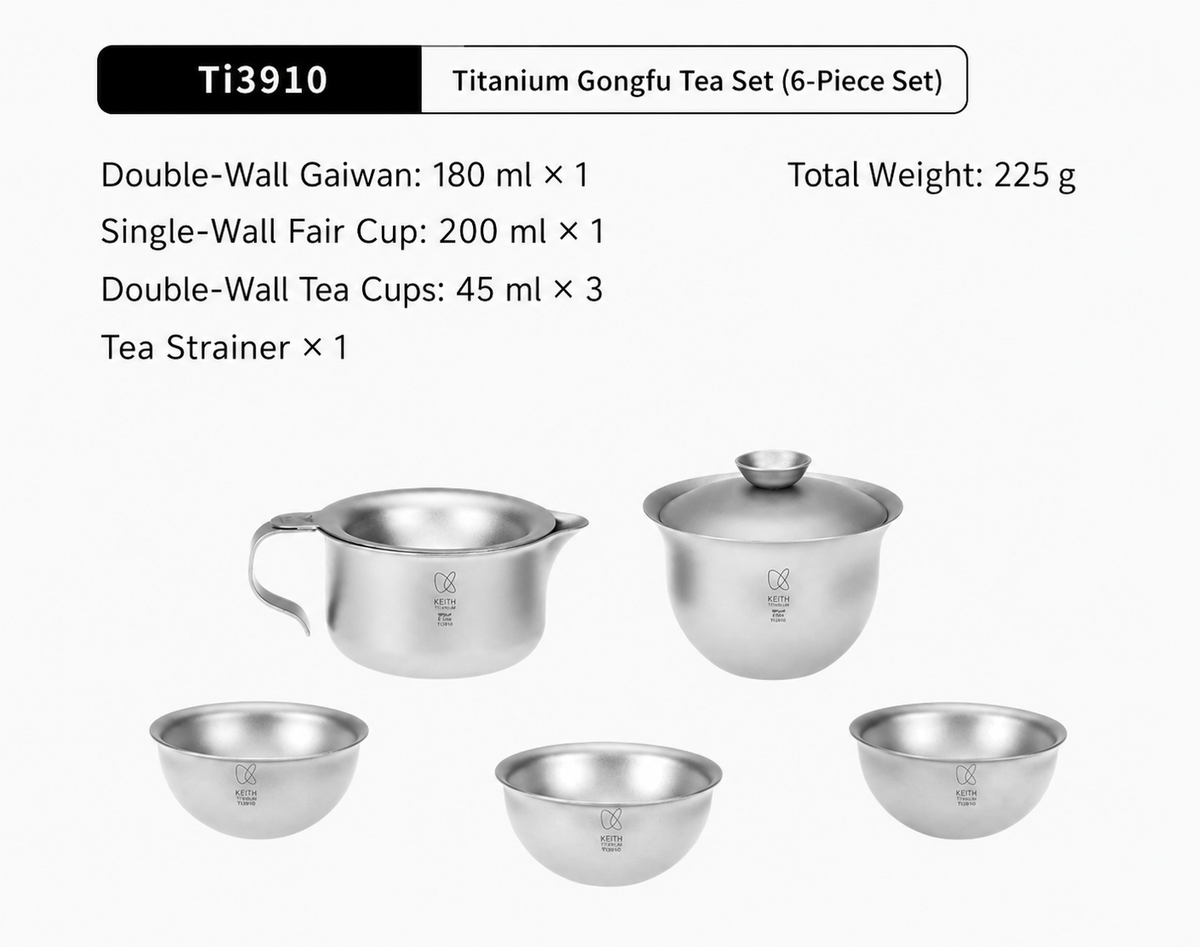 KEITH Titanium Ti3910 six-piece Gongfu tea set with gaiwan, fair cup, three tea cups, and tea strainer