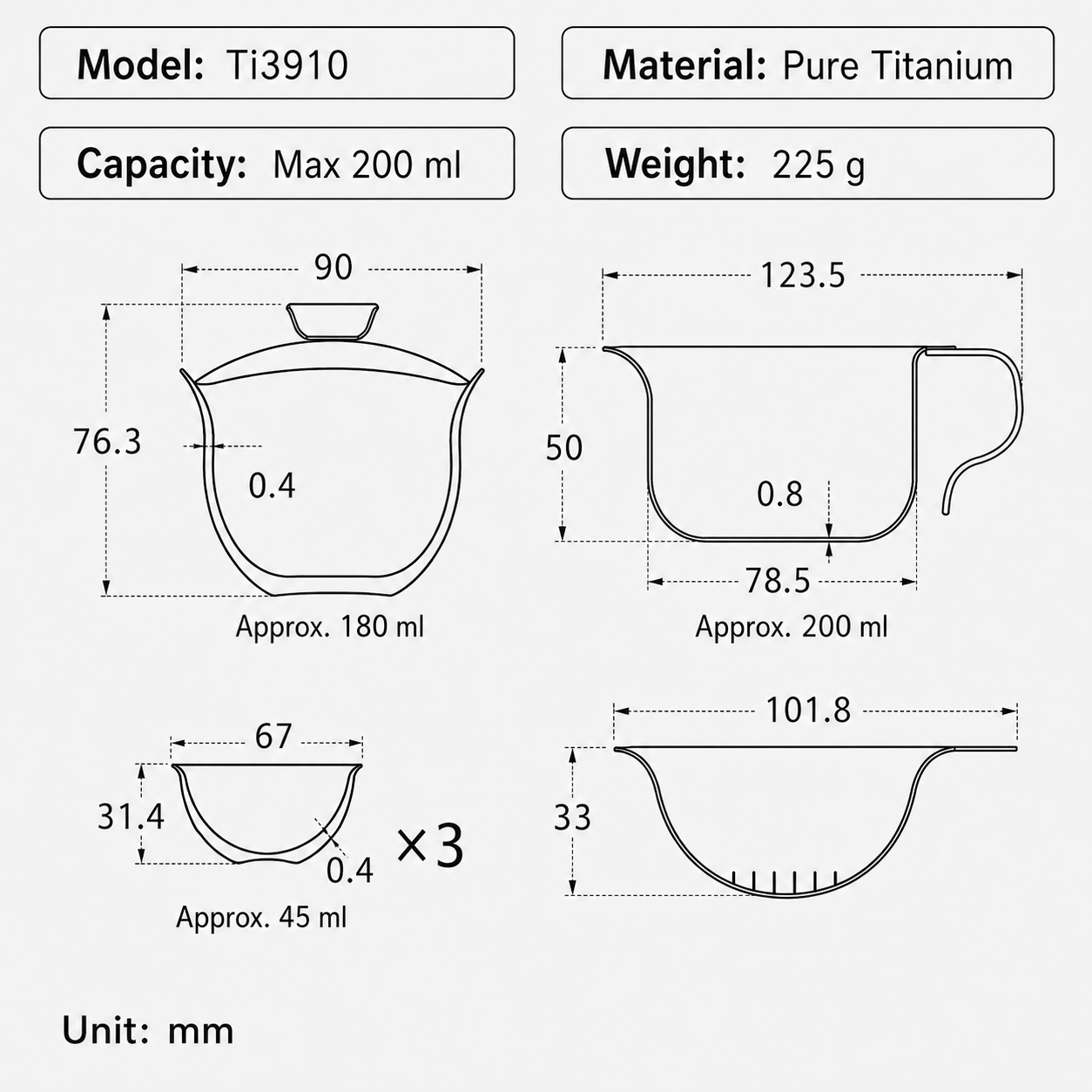 KEITH Titanium Ti3910 tea set dimensions, maximum 200 ml capacity, pure titanium material, and 225 g weight