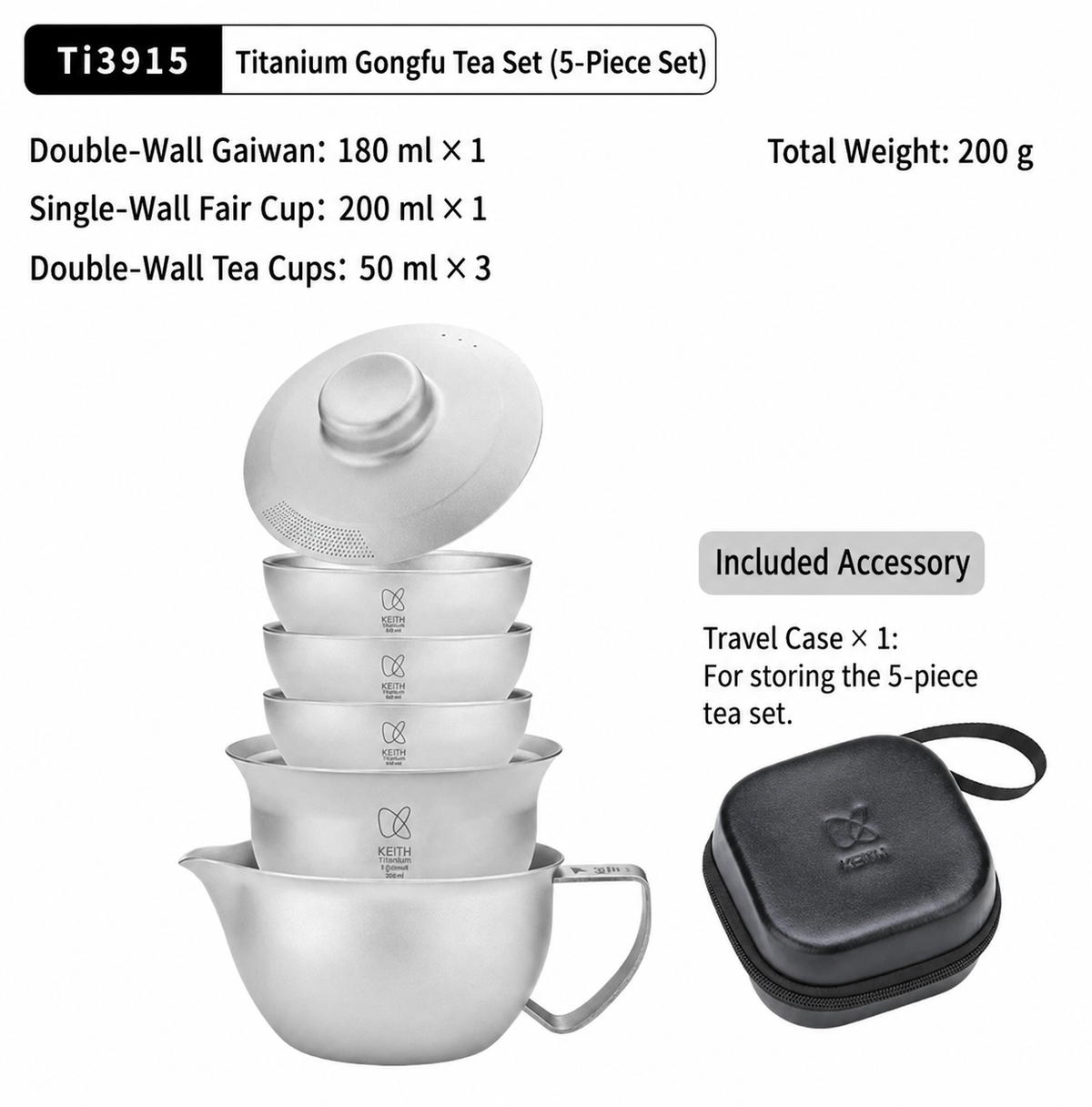KEITH Titanium Ti3915 five-piece Gongfu tea set with gaiwan, fair cup, three tea cups, and black travel case