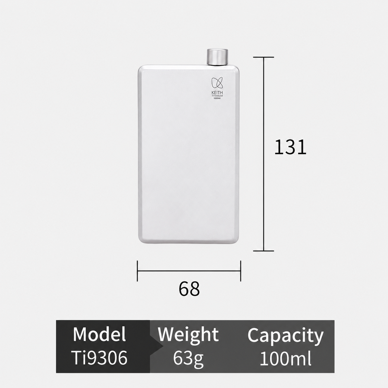 KEITH Titanium Ti9306 pocket flask size chart with 100ml capacity, 63g weight, and 68 x 131mm dimensions