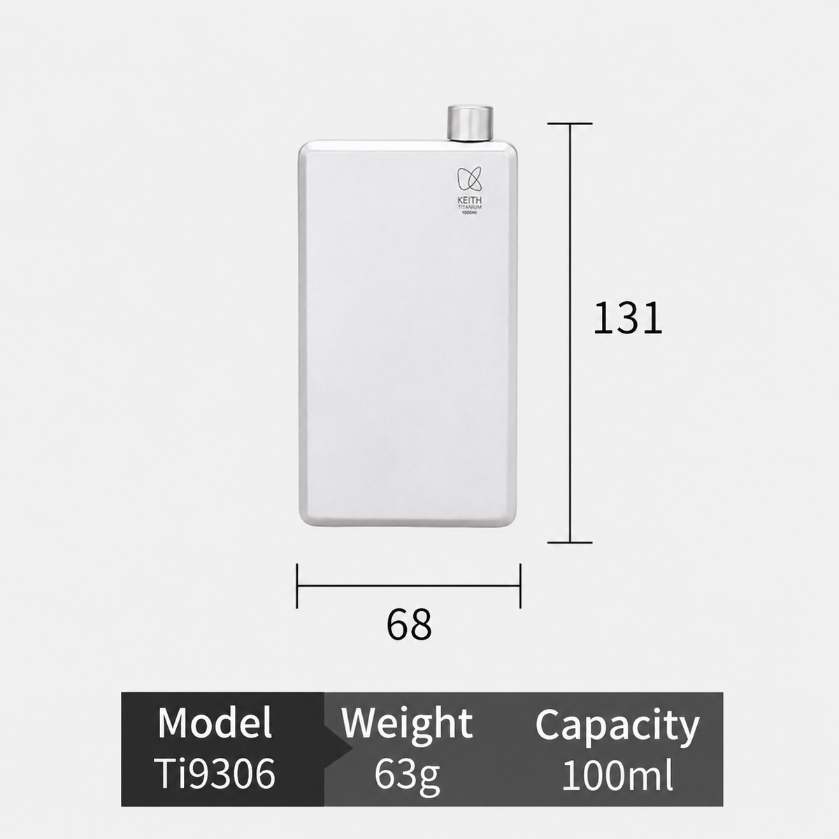100ml容量、63g重量、68 x 131mm寸法を示すKEITH Titanium Ti9306ポケットフラスコサイズ表
