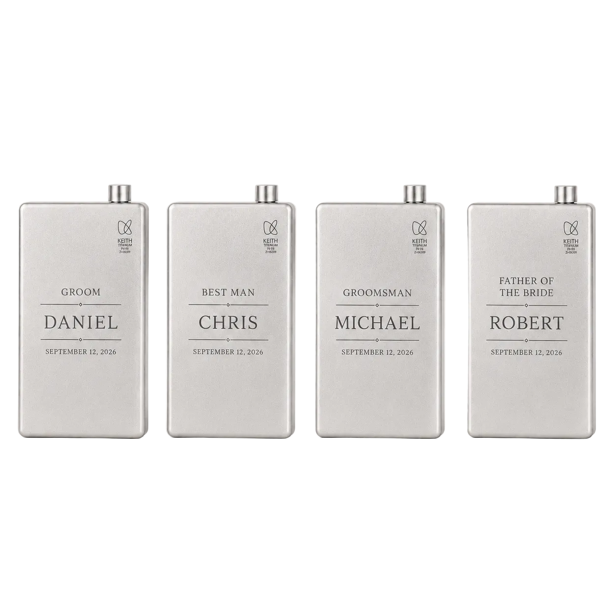 Personalized titanium flasks for wedding party gifts with role and name engraving