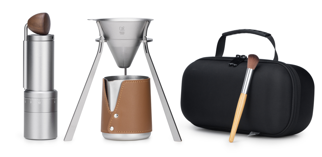 KEITH Ti3613 pour-over coffee kit with manual grinder, titanium filter and stand, milk pitcher, brush and carry case