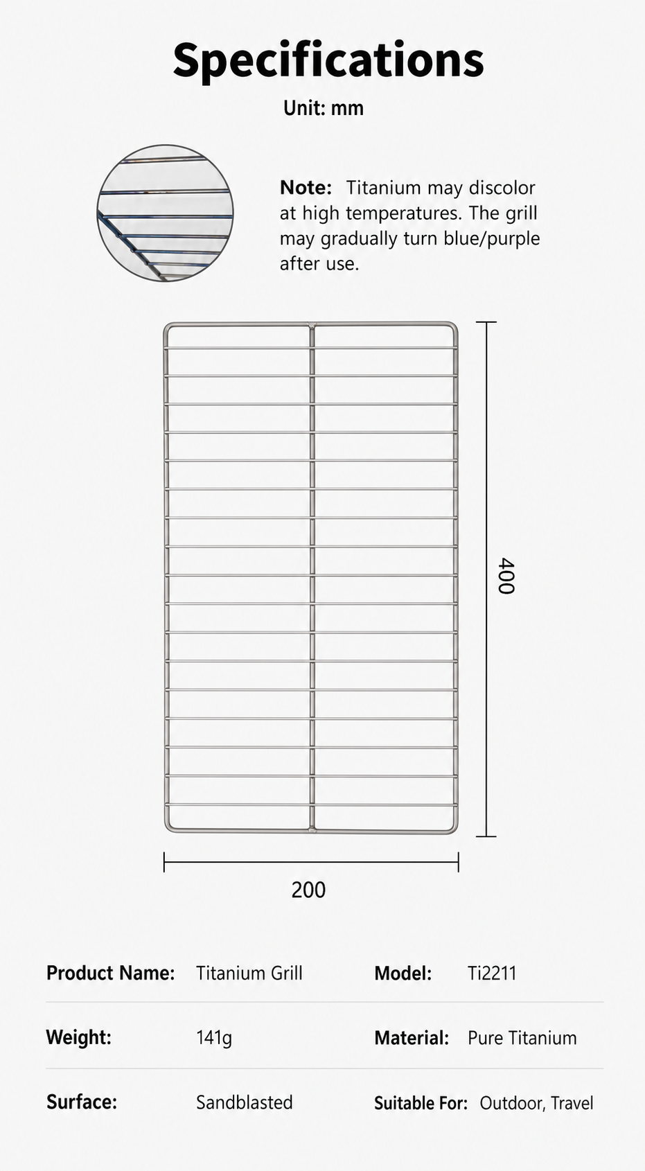 Keith Titanium Ti2211 titanium grill mesh specification diagram with 200 x 400 mm dimensions