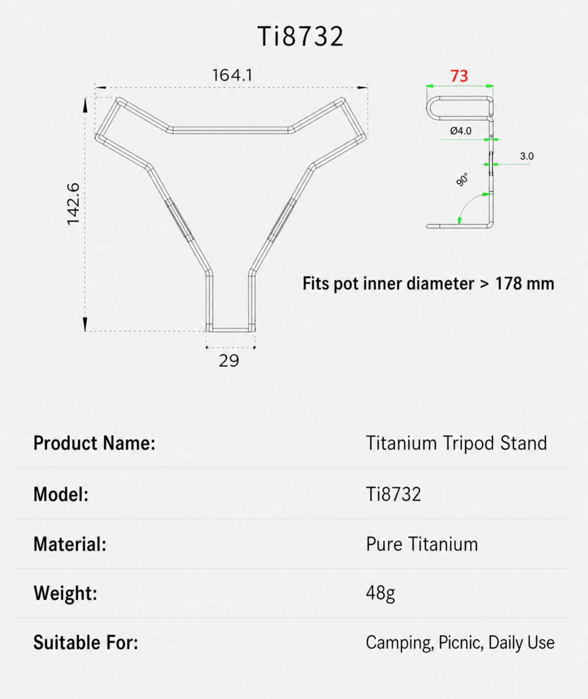 Keith Titanium Ti8732 high tri-leg steaming rack specification diagram with 48g weight
